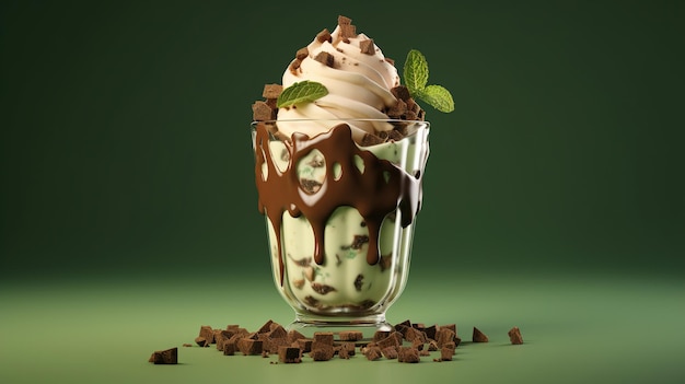 A glass of ice cream with chocolate and mint leaves