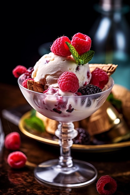 A glass of ice cream with raspberries and mint leaves on top