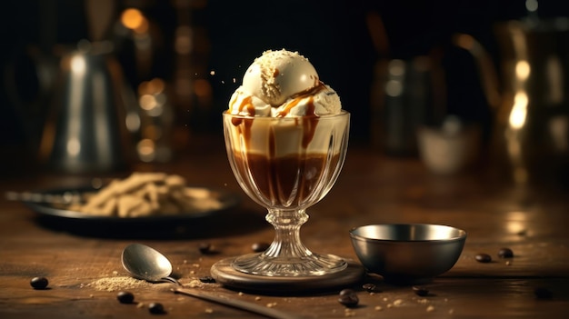 A glass of ice cream with a scoop of caramel sauce on top.