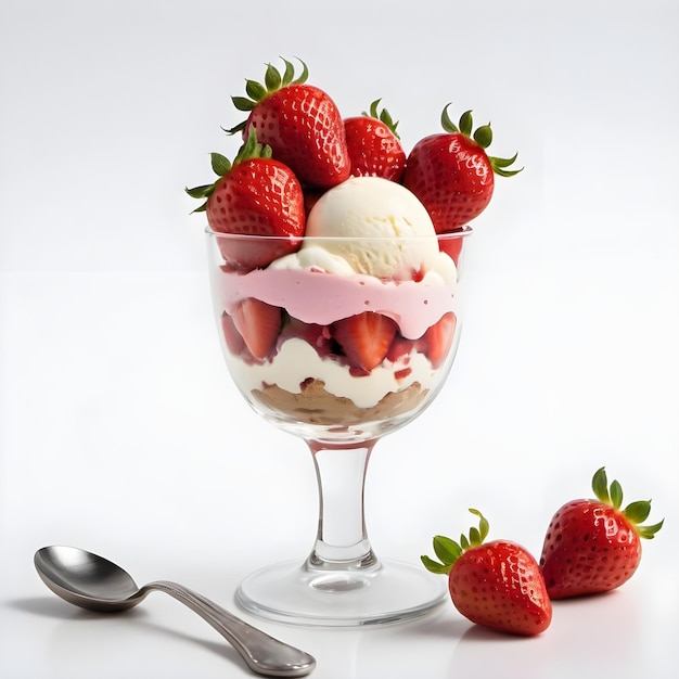 a glass of ice cream with strawberries and ice cream