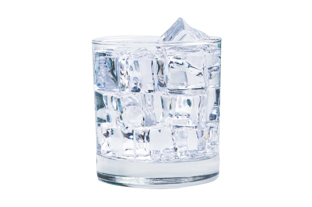 Glass of ice cubes cold fresh water for drink in summer on white background