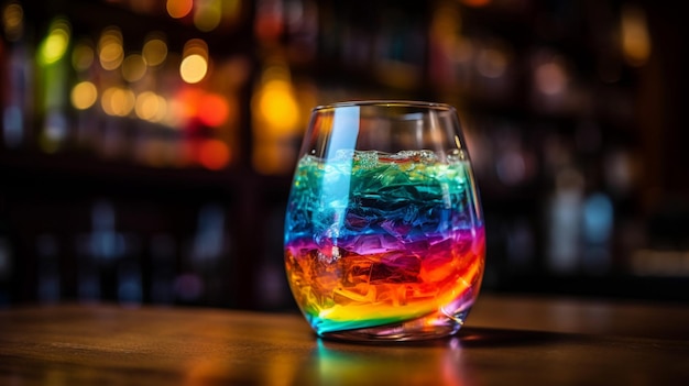 A glass of ice cubes sits on a bar counter.