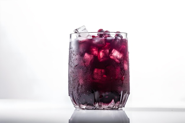 A glass of ice cubes with a purple drink on the side