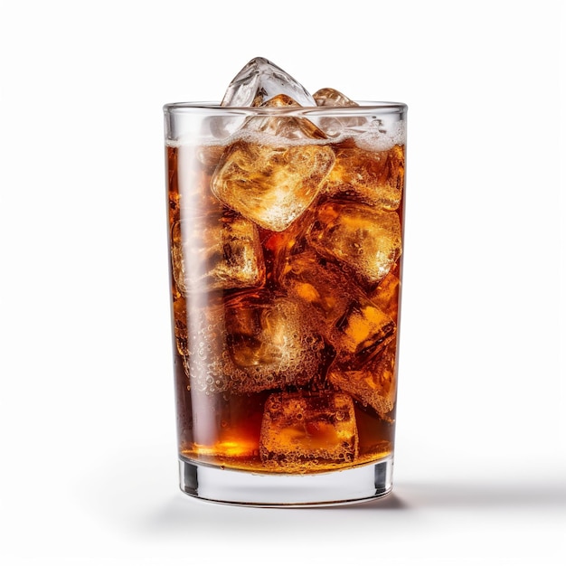 A glass of ice and a drink with a brown liquid on white background