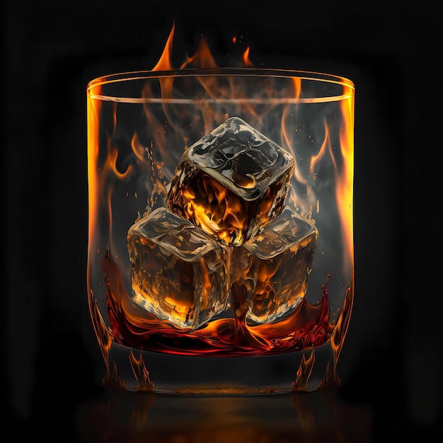 A glass of ice and fire is on a black background.