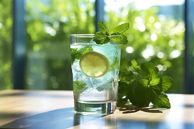 A glass of ice and a lemon on a table