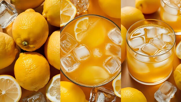 a glass of ice water and lemons with ice and ice