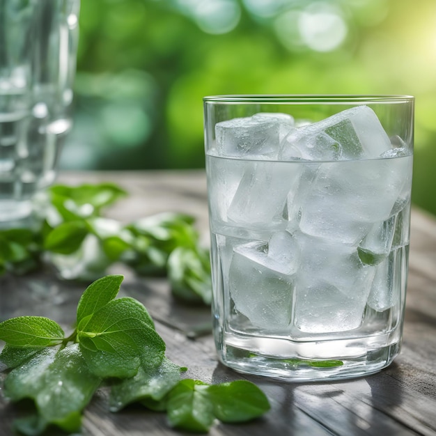 a glass of ice water sits on a wooden table