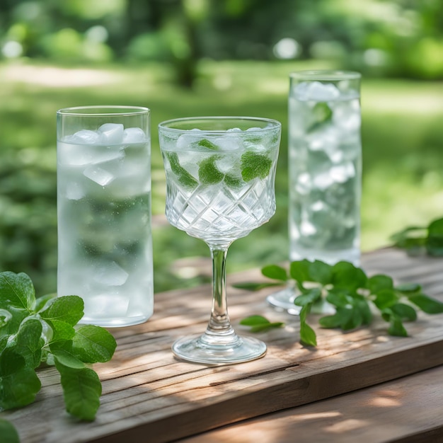 a glass of ice water sits on a wooden table