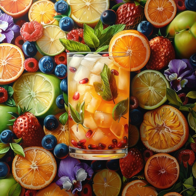 Photo a glass of ice water with a bunch of fruit on it