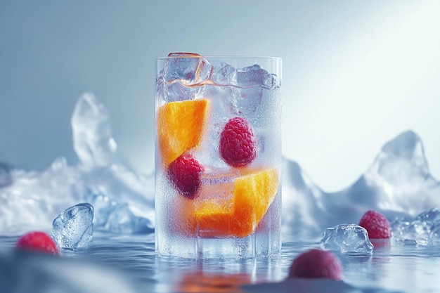 Photo a glass of ice water with fruits and ice