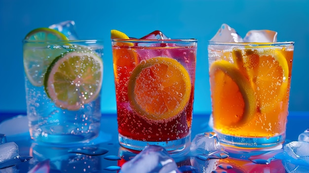 a glass of ice water with ice and lemon slices