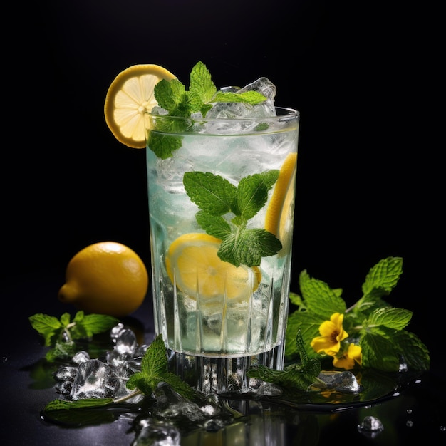 a glass of ice water with lemon and mint leaves