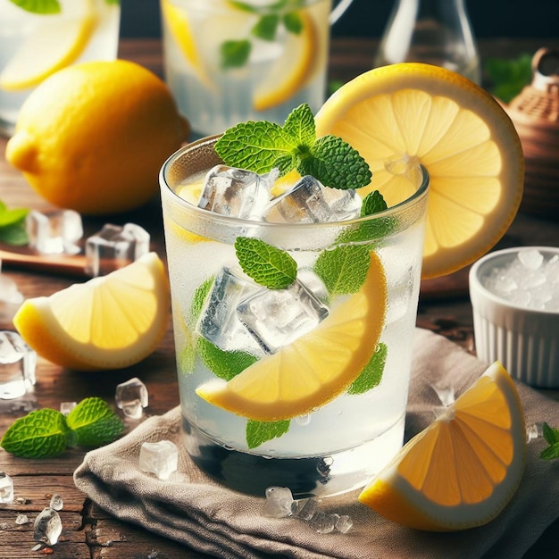 a glass of ice water with lemon slices and mint leaves