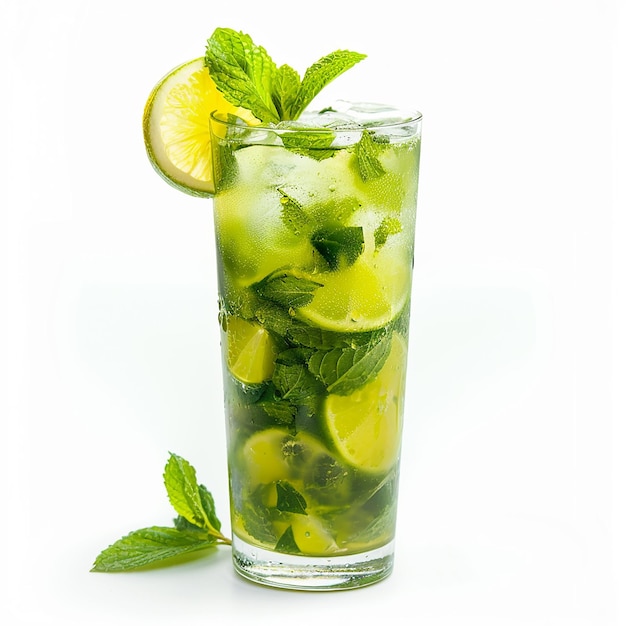 a glass of ice water with lime and mint leaves