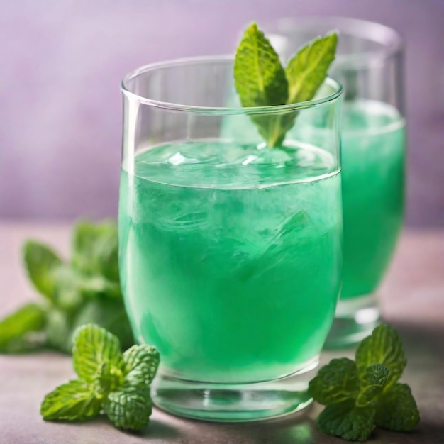 a glass of ice water with mint leaves and a green drink