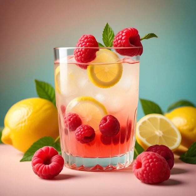 Photo a glass of ice water with raspberries and raspberries