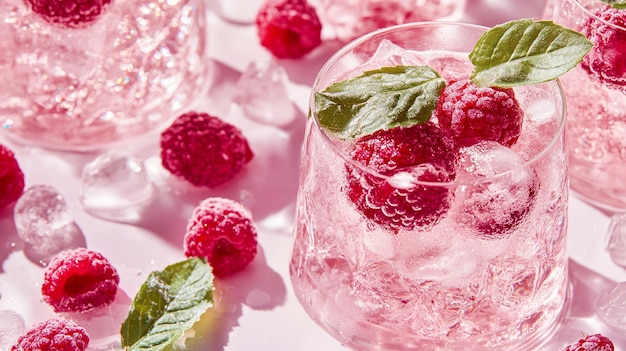 a glass of ice water with raspberries and raspberries