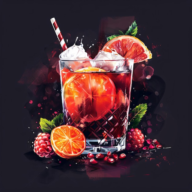 a glass of ice water with a straw and oranges and berries