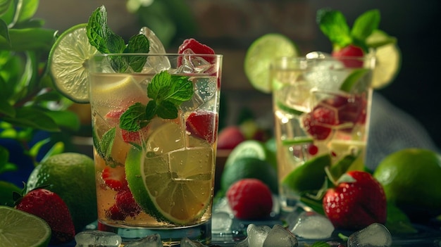 a glass of ice water with strawberries mint and lime