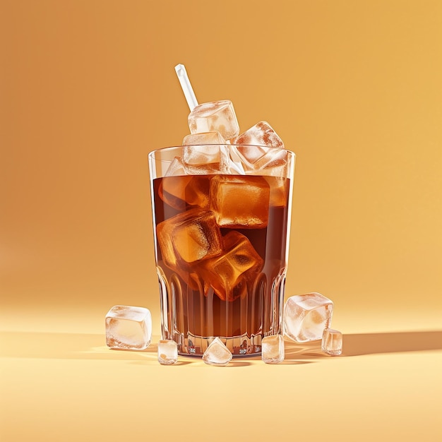 A glass of ice with a straw in it and a glass of brown liquid with ice on the bottom.