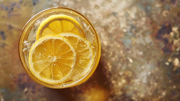 Photo glass of icecold lemon soda with honey top view refreshing summer beverage sweet and cool