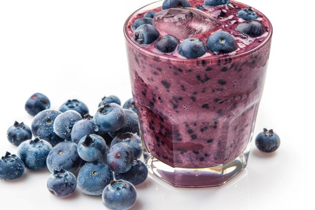 A glass of iced blueberry smoothie with blueberries