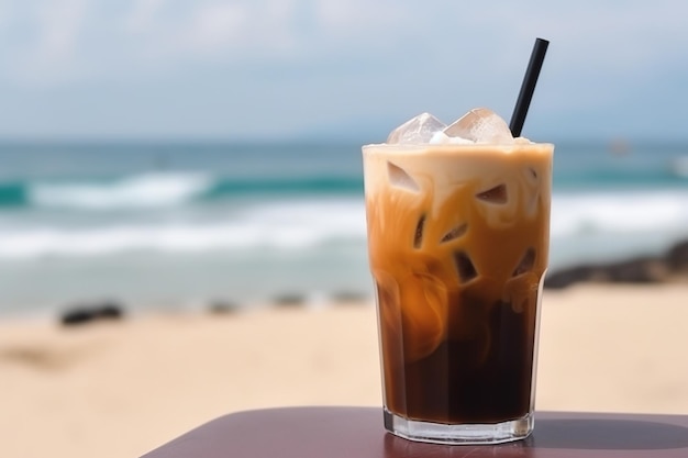 A glass of iced coffee on a table with the beach in the background.