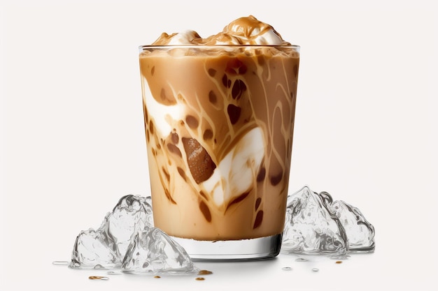 A glass of iced coffee with ice cubes on the side.