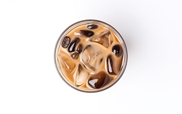 A glass of iced coffee with ice cubes on a white background