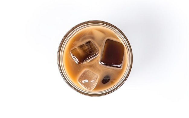 A glass of iced coffee with ice cubes on a white background