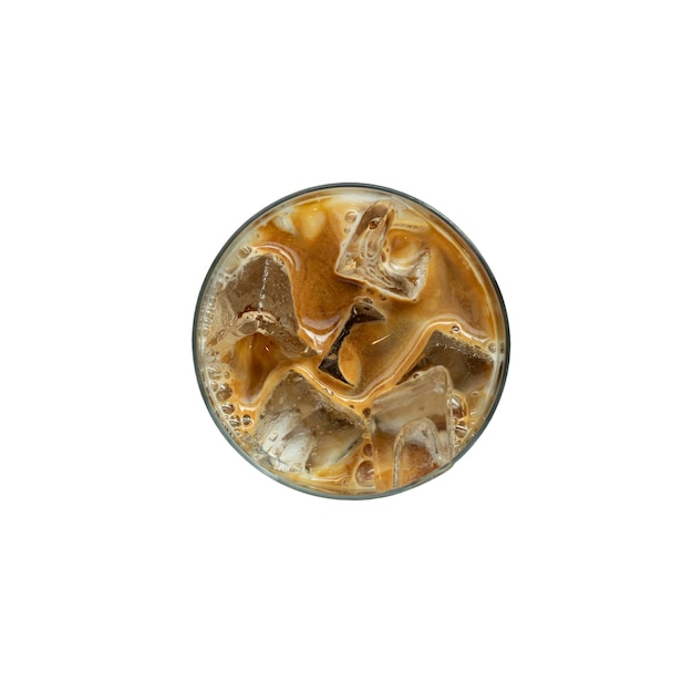 A glass of iced coffee with ice in it