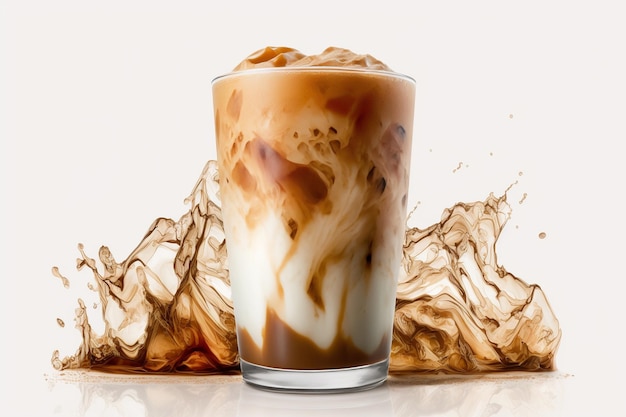 A glass of iced coffee with a splash of brown liquid.