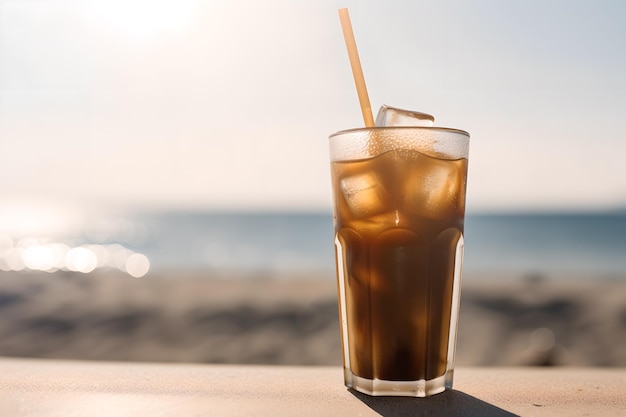 A glass of iced coffee with a straw on the beach