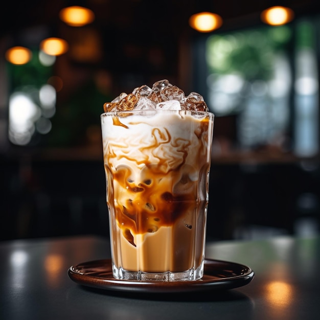 A glass of iced coffee with whipped cream and a brown liquid on the top.