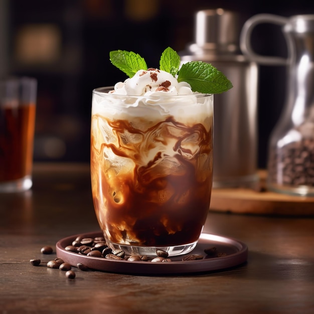 A glass of iced coffee with whipped cream and mint leaves on a coaster.