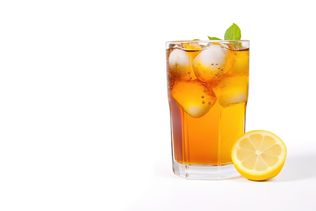 a glass of iced lemon tea with a slice of lemon isolated on white background with copy space