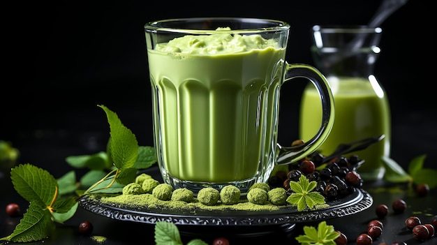 A Glass of Iced Matcha Latte with a Bamboo Whisk