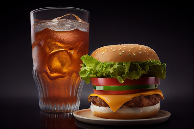 A glass of iced tea next to a hamburger.