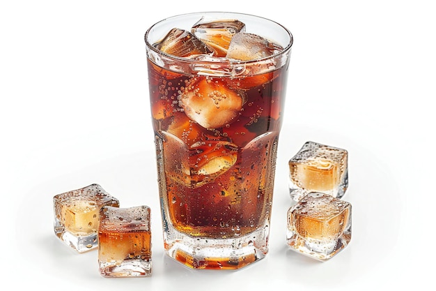 a glass of iced tea with ice and ice cubes