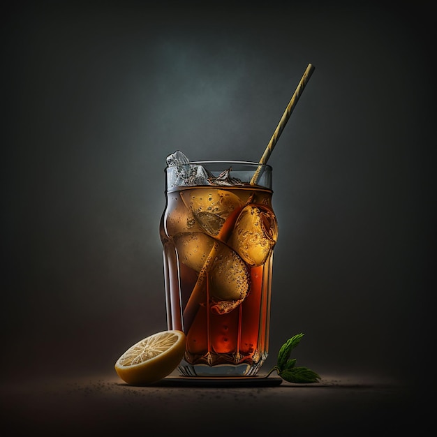 A glass of iced tea with ice and a lemon slice on the side.