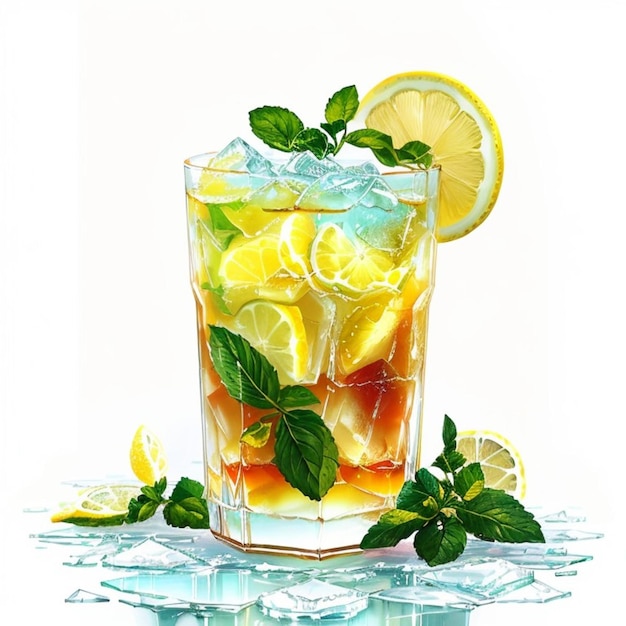 A glass of iced tea with ice and lemon slices