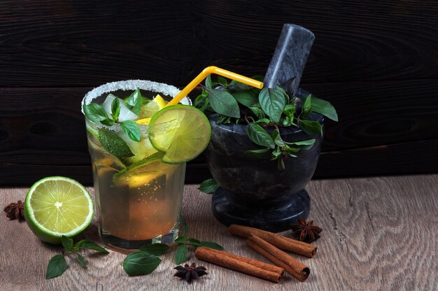 A glass of iced tea with lemon and mint leaves.