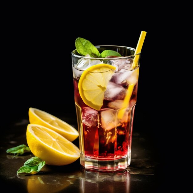 a glass of iced tea with lemon slices and limes.