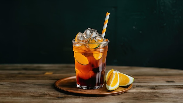 a glass of iced tea with lemon slices and a straw