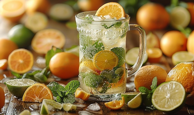 Photo a glass of iced tea with lemons and mint leaves