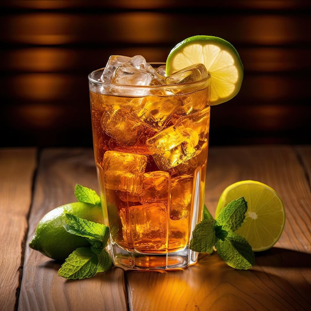 A glass of iced tea with limes and a lime on the side