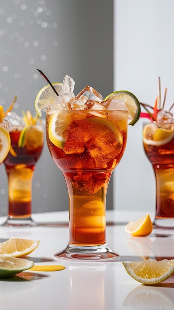 a glass of iced tea with orange and lemon slices