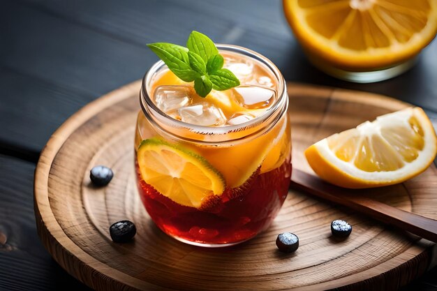 A glass of iced tea with a slice of blueberry on a wooden board