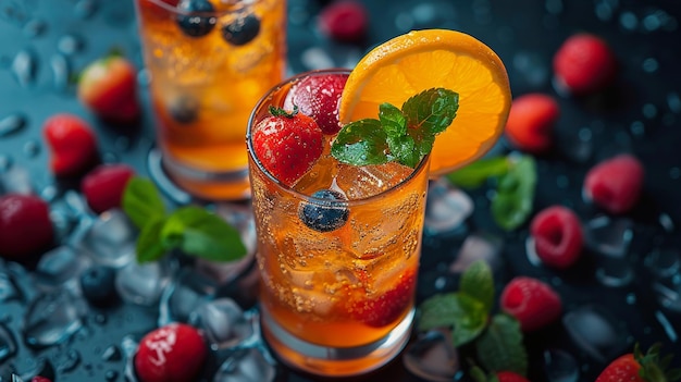 a glass of iced tea with strawberries and strawberries